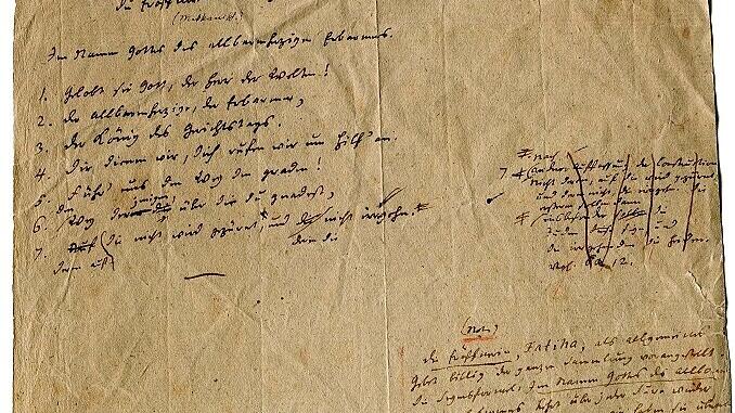 Die handschriftliche Übersetzung Friedrich Rückerts der Ersten Sure „Die Eröffnende“.