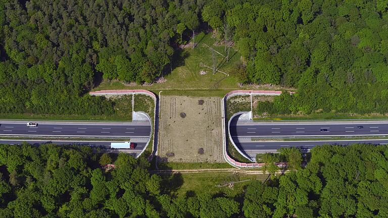 Blick von oben auf die Grünbrücke Neuwirtshauser Forst: Sie überspannt die A7 nördlich der Anschlussstelle Oberthulba. Foto: Hajo Dietz       -  Blick von oben auf die Grünbrücke Neuwirtshauser Forst: Sie überspannt die A7 nördlich der Anschlussstelle Oberthulba. Foto: Hajo Dietz
