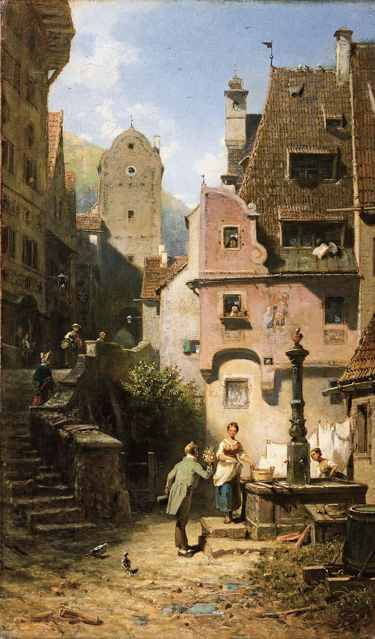 Eines der berühmtesten Spitzweg-Motive: 'Der ewige Hochzeiter', um 1870. Eines der berühmtesten Spitzweg-Motive: 'Der ewige Hochzeiter', um 1870.