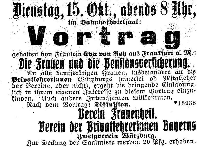 Lehrerinnen werden zur damaligen Zeit schlecht bezahlt; sie erhalten 30-50 Prozent weniger Gehalt als ihre männlichen Kollegen. Daher engagiert sich der Verein auch für soziale Belange des Lehrerinnenberufs, wie z.B. die Alterssicherung (Anzeige im Würzburger Generalanzeiger vom 12.10.1912). Lehrerinnen werden zur damaligen Zeit schlecht bezahlt; sie erhalten 30-50 Prozent weniger Gehalt als ihre männlichen Kollegen. Daher engagiert sich der Verein auch für soziale Belange des Lehrerinnenberufs, wie z.B. die Alterssicherung (Anzeige im Würzburger Generalanzeiger vom 12.10.1912).