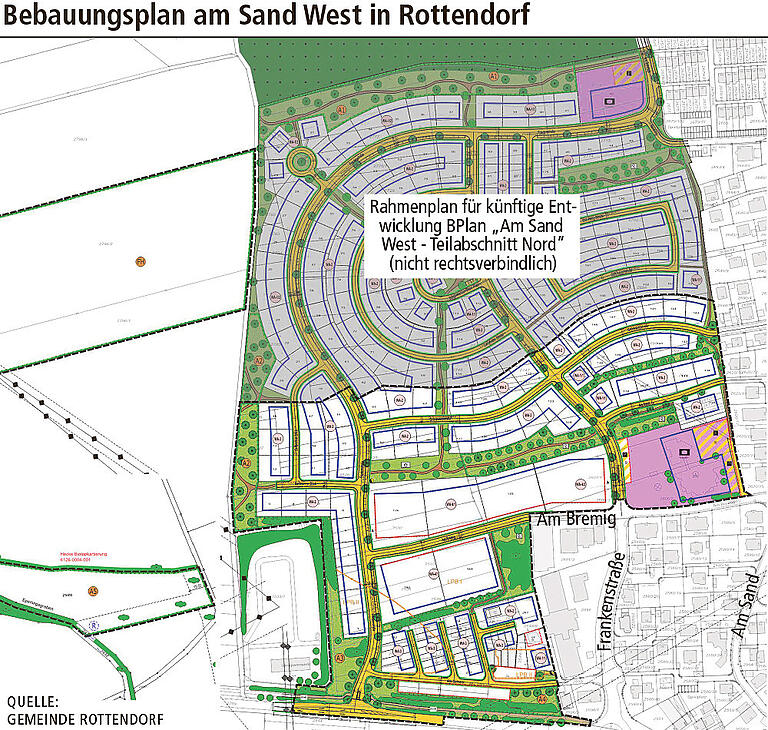 Der Bebauungsplan Am Sand West: Nach den jüngsten Entwicklungen möchte die Gemeinde nun doch den nördlichen Abschnitt gleichzeitig mit dem südlichen zur Erschließung bringen.