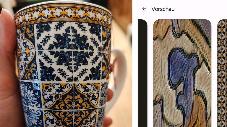 „Style Sync” beim Motorola Edge 50 Pro - Zweiter Vorschlag via „Style Sync”: Aufnahme einer gemusterten Tasse mit einem von der KI vorgeschlagenen Hintergrund. „Style Sync” beim Motorola Edge 50 Pro - Zweiter Vorschlag via „Style Sync”: Aufnahme einer gemusterten Tasse mit einem von der KI vorgeschlagenen Hintergrund.