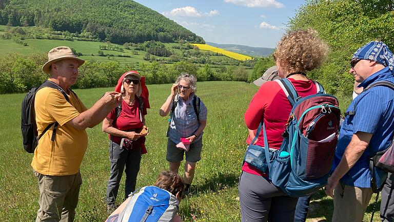 Karl Schwarz (l.) machte die Teilnehmer auf besondere Pflanzenarten am Wegesrand aufmerksam. Foto: Charlotte Wittnebel-Schmitz       -  Karl Schwarz (l.) machte die Teilnehmer auf besondere Pflanzenarten am Wegesrand aufmerksam. Foto: Charlotte Wittnebel-Schmitz