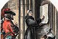 Luther in Wittenberg / Kirchhoff - -       -  Luther beim Thesenanschlag in einem Holzstich nach Johann Jakob Kirchhoff (1796 bis 1848). Dass die Aktion wirklich stattgefunden hat, wird immer wieder bezweifelt.