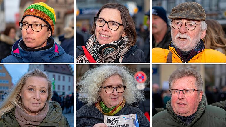 Sie erklärten uns, warum sie zur Kundgebung gegangen sind: (oben von links) Karin Weinmann, Christiane Hutten, Werner Leuerer. Unten von links: Katarzyna Wrona, Martina Meisch und Peter Vogt.