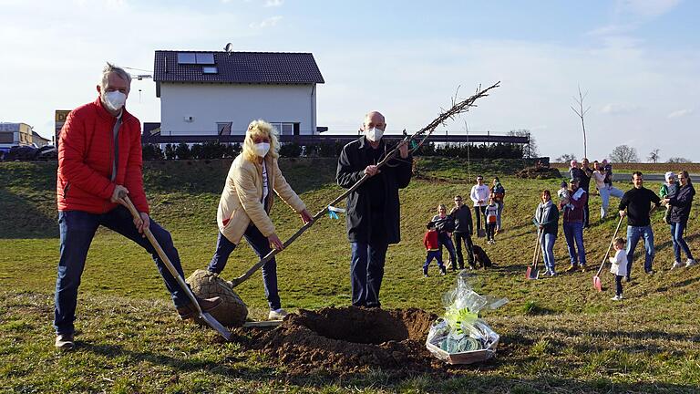 Eine gelungene Aktion und 'megagute Idee': In Oberpleichfeld wurden Nussbäume für den Altlandrat Eberhard Nuß und Neugeburtenbäume für Kinder ab dem Geburtsjahr 2019 gepflanzt (vorne von links): Gemeinderat Walter Kötzner, Bürgermeisterin Martina Rottmann und Altlandrat Eberhard Nuß.