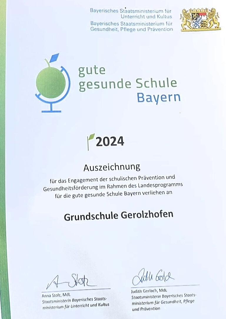 Die Urkunde aus München beweist: Die Grundschule Gerolzhofen darf sich 'gute gesunde Schule' nennen. Die Urkunde aus München beweist: Die Grundschule Gerolzhofen darf sich 'gute gesunde Schule' nennen.