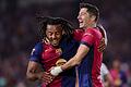FC Barcelona - FC Getafe       -  Jubel über das 6.500. Ligator in der Geschichte des FC Barcelona: Torschütze Robert Lewandowski (r) feiert mit Jules Kounde.