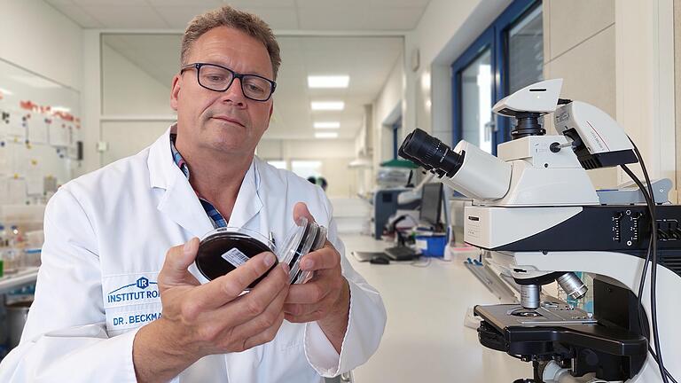 Dr. Gero Beckmann, Fachtierarzt für Mikrobiologie, am Mikroskop.