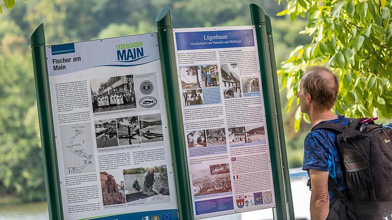 Informationstafeln erläutern auf dem Kulturweg 'Über sieben Hügel kannst Du gehn' die jeweilige Station vor Ort. Hier an der Station 'Lügenbaum'.