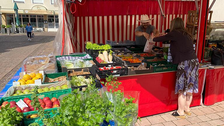 Bio-Cowboy Thomas Garos im Sommer auf dem Grünen Markt in Marktheidenfeld