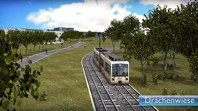 Ein Bild aus dem WVV-Animationsfilm zur neuen Straba-Linie zeigt die geplante Trasse unterhalb der Universität am Hubland. Ein Bild aus dem WVV-Animationsfilm zur neuen Straba-Linie zeigt die geplante Trasse unterhalb der Universität am Hubland.