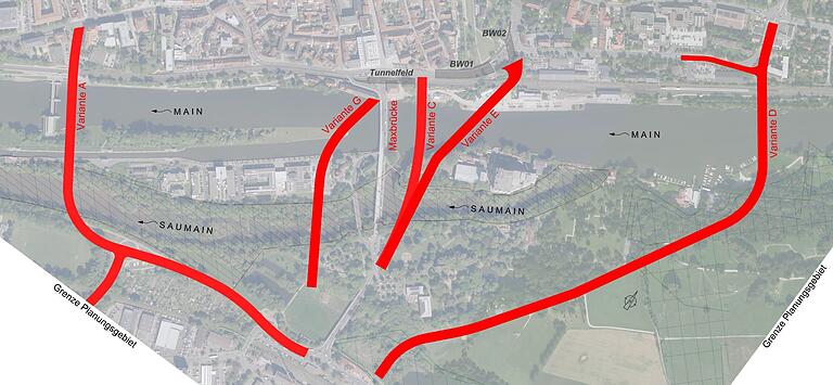 Die Grafik zeigt die vom Ingenieurbüro Dr. Schütz geprüften verschiedenen Varianten. Fünf davon beinhalten eine neue, dritte Mainbrücke an verschiedenen Orten.