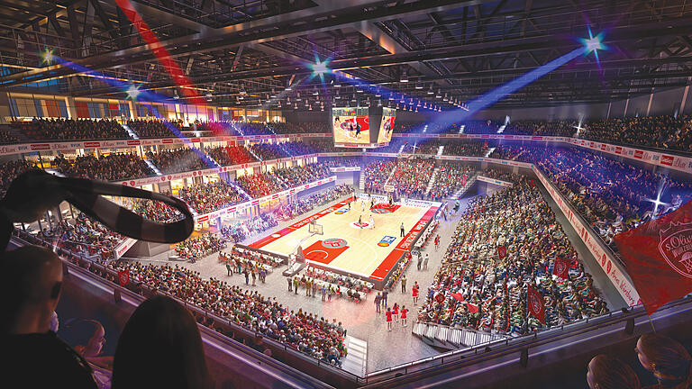 Visualisierung eines Basketballspiels in der geplanten Arena.