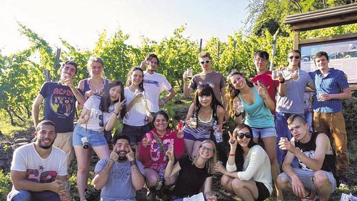 Ein leckeres Tröpfchen zwischendurch: Petra Pfaffs Vater Rudi führte die Teilnehmer des Workcamps durch die Gambacher Weinberge. Dort wurde auch das Probierpaket geöffnet, das vom Weingut Keller stammt, das auch das U & D beliefert.