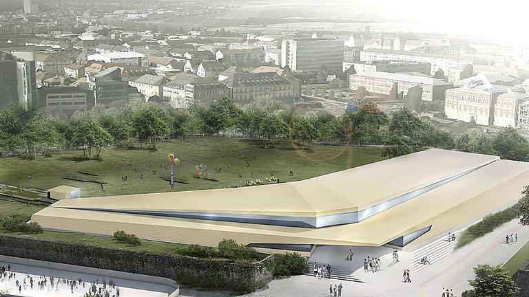 Einem Bumerang ähnelt die Architektur des neuen Bades in der Zellerau. Bis Herbst 2019 soll das 25-Millionen-Euro-Projekt fertig sein. Illustration: Fritz Planung Einem Bumerang ähnelt die Architektur des neuen Bades in der Zellerau. Bis Herbst 2019 soll das 25-Millionen-Euro-Projekt fertig sein. Illustration: Fritz Planung