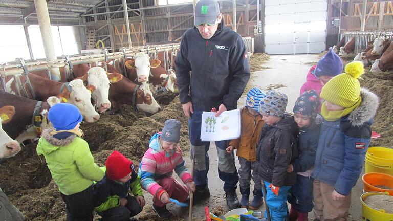 Landwirt Stefan Wirsing (Mitte) mit den interessierten Kindern des Kindergartens Pusteblume Landwirt Stefan Wirsing (Mitte) mit den interessierten Kindern des Kindergartens Pusteblume