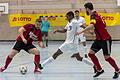 Szene von der Futsal-Bezirksmeisterschaft 2020 in Rimpar aus dem Spiel zwischen Rimpar (weiß) und Unterafferbach (rot). In diesem Winter sollen wieder die bayerischen Futsal-Hallenmeisterschaften stattfinden. Auch in den Kreisen und Bezirken sind Turniere in Planung. Im Fußball-Kreis Würzburg haben sich 25 Mannschaften angemeldet.