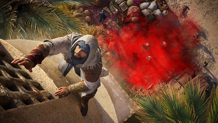 Screenshot aus &bdquo;Assassin's Creed Mirage&rdquo;       -  Klettern, kraxeln, hängen, springen! Mit Basim lernen wir die Spielwelt aus vielen Perspektiven kennen.