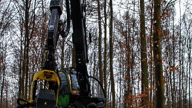 Bitte Abstand halten: Mit dicken Schneeketten und digitaler Technik an Bord ist der Vollernter derzeit zwischen Peterstirn und Almrösl im Einsatz. Spaziergänger sollten die Absperrungen beachten.