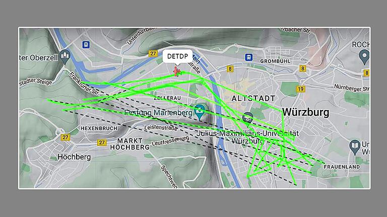 Seit Dienstagmorgen kreist ein Flugzeug über dem Stadtgebiet von Würzburg. Was hat es damit auf sich? (Screenshot der Flugroute, aufgenommen am Mittwochmittag)