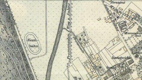 Radsport-Historie Bad Kissingen       -  Dieser Planausschnitt von 1906 zeigt anschaulich die Lage der Radrennbahn in der Unteren Au.