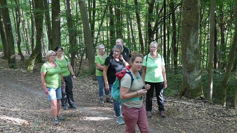 Susanne Reuß aus Oberthulba (vorne mit Rucksack)  übernahm die Führung der Altengronauer  Landfrauen beim Waldbaden. Foto: Brigitte Betz       -  Susanne Reuß aus Oberthulba (vorne mit Rucksack)  übernahm die Führung der Altengronauer  Landfrauen beim Waldbaden. Foto: Brigitte Betz