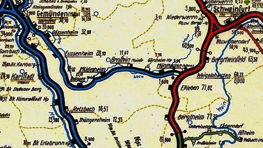 Da war die Welt noch in Ordnung: Eine alte Landkarte (Ausschnitt) zeigt Bahnlinien und Bahnhöfe &ndash; in der Mitte die Werntalbahn.