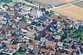 Blick aus der Vogelperspektive auf Großeibstadt. Nach dem Brand 1616 blieben lediglich Pfarr- und Schulhaus, sowie die Kirche, die auf einer Anhöhe liegen, stehen.