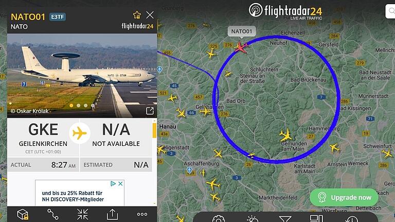 Ein Aufklärungsflugzeug der Nato flog am Dienstag dreieinhalb Stunden in einem perfekten Kreis über Main-Spessart und Südhessen. Ein Aufklärungsflugzeug der Nato flog am Dienstag dreieinhalb Stunden in einem perfekten Kreis über Main-Spessart und Südhessen.