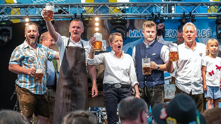 Mit fünf Schlägen eröffnete Bürgermeister Thomas Stamm die Laurenzi-Messe am Freitagabend (von links): Brauer Helmut Eschenbach, Festwirt Christian Papert, Thomas Stamm, Brauereichefin Maria Martin, Luis Pfeuffer-Martin und Joachim Papert.