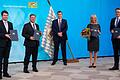 Ministerpräsident Markus Söder (Mitte) mit den Neuen in seiner Regierungsmannschaft (von links): Innenstaatssekretär Sandro Kirchner, Bauminister Christian Bernreiter, Sozialministerin Ulrike Scharf&nbsp; und Wissenschaftsminister Markus Blume (alle CSU).