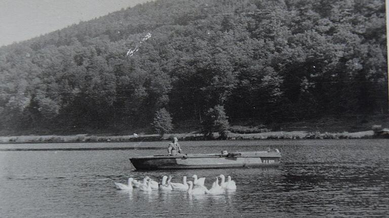 Fährmann Georg Kunkel bei der Überfahrt über den Main in den 1950er Jahren, beobachtet von einer Schar Gänsen. Fährmann Georg Kunkel bei der Überfahrt über den Main in den 1950er Jahren, beobachtet von einer Schar Gänsen.