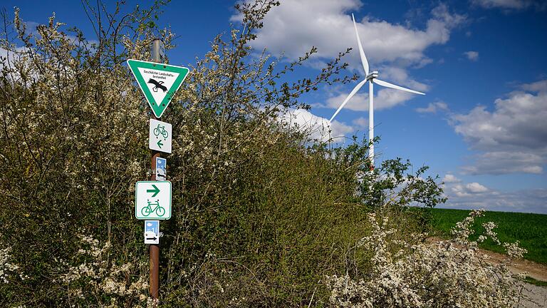 Fahrradtour im Frühling von Würzburg nach Retzbach: Die riesigen Windräder sind charakteristisch für die Steinhöhe zwischen Güntersleben und Retzstadt.&nbsp;