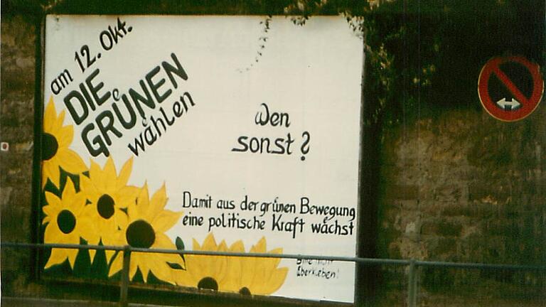 Handgemaltes Wahlplakat der Grünen in Laudenbach für die Landtagswahl 1986. Handgemaltes Wahlplakat der Grünen in Laudenbach für die Landtagswahl 1986.
