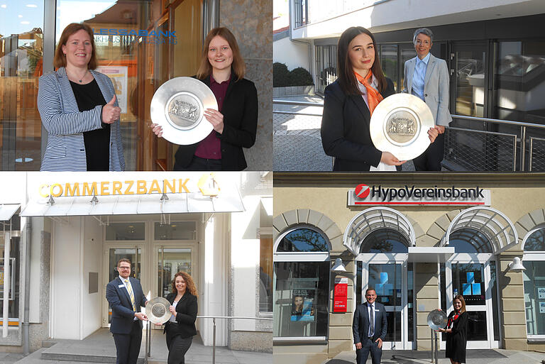 Zu Corona-Zeiten war es nicht möglich, externe Gäste in die Schule einzuladen. Zu sehen sind im Viererbild im Uhrzeigersinn: 

VR-Bank Gerolzhofen: Odesa Prifti und Katharina Ulrich;&nbsp; HypoVereinsbank: Christina Herold und Nils Scheiner; Commerzbank: Alexandra Oberderfer und Matthias Frank; Flessabank: Julia Nolke und Angelika Fella-Wegner.