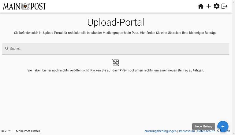 Screenshot: Startseite des Portals. Verfassen Sie einen Beitrag durch Klick auf '+'