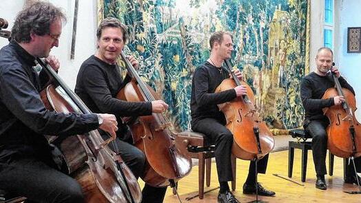 Vier Cellisten, die ihren Instrumenten verschiedenste Klänge entlocken können: Die Musiker Lukas Dreyer, Tim Ströble, Matthias Trück und Hartwig Christ (von links) gaben als „Quattroccelli“ ein Konzert in Schloss Eyrichshof. Vier Cellisten, die ihren Instrumenten verschiedenste Klänge entlocken können: Die Musiker Lukas Dreyer, Tim Ströble, Matthias Trück und Hartwig Christ (von links) gaben als „Quattroccelli“ ein Konzert in Schloss Eyrichshof.
