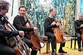 Vier Cellisten, die ihren Instrumenten verschiedenste Klänge entlocken können: Die Musiker Lukas Dreyer, Tim Ströble, Matthias Trück und Hartwig Christ (von links) gaben als &bdquo;Quattroccelli&ldquo; ein Konzert in Schloss Eyrichshof.