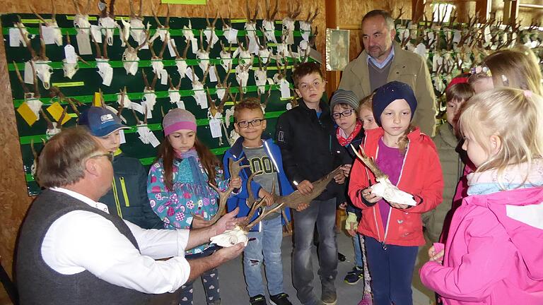 Den Erstkläßlern der Grundschule Sonderhofen, die mit Schulleiter Alois Klüpfel (r.) die Ausstellung besuchten, stellte Karl Fleischmann in der Gelchsheimer Deutschherren-Halle den tierischen Kopfschmuck vor.