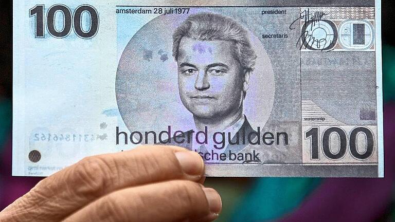 Geert Wilders       -  Hundert-Gulden-Schein mit dem Bild von Geert Wilders. Der Rechtsaußen möchte den Euro in den Niederlanden abschaffen.