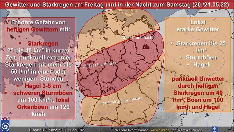 Die Grafik des Deutschen Wetterdienstes zeigt, wo am Freitag die schweren Unwetter auftreten sollen. Unterfranken ist betroffen.