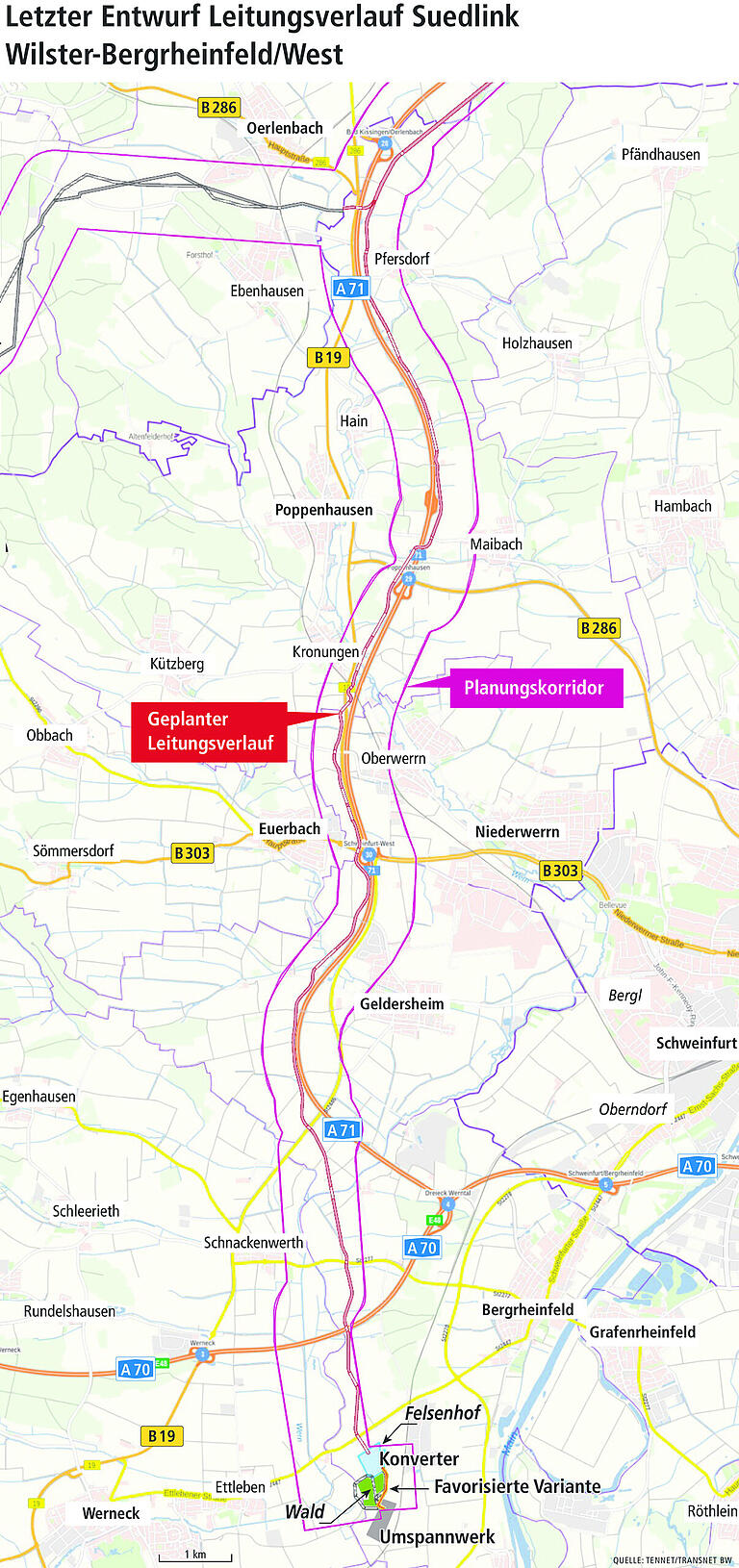 Finaler Entwurf: So soll die Stromtrasse SuedLink von Oerlenbach bis Bergrheinfeld verlaufen