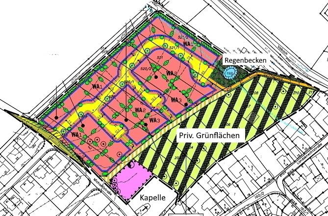 Im Baugebiet „An der Michaeliskapelle“ in Obervolkach entstehen 27 Bauplätze. Die Zufahrt erfolgt über die Michaelistraße. Drei Stichstraßen mit Wendehämmern und ein Regenrückhaltebecken prägen das neue Wohngebiet, dessen Bauplan die Arge HFN Bad Kissingen erstellt hat.