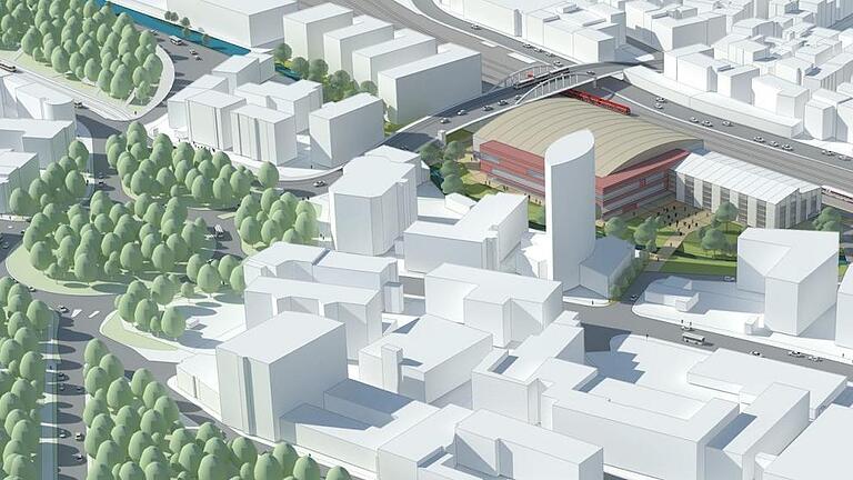 Die Animation zeigt, wo die neue Multifunktionsarena in Würzburg entstehen soll: neben dem Berliner Ring, hinter dem Hotelturm.