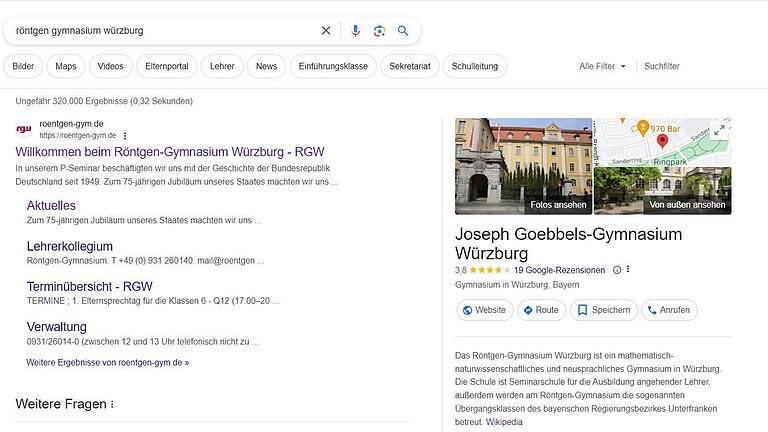 Der richtige Suchbegriff zum Würzburger Röntgen-Gymnasium führte am Freitag zum falschen Ergebnis. Der richtige Suchbegriff zum Würzburger Röntgen-Gymnasium führte am Freitag zum falschen Ergebnis.