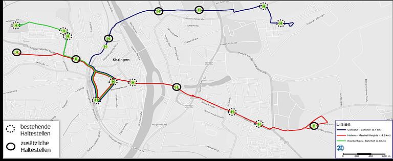 Drei mögliche Buslinien für den autonomen Shuttle haben die Stadtverwaltung Kitzingen und ZF zusammen erarbeitet.