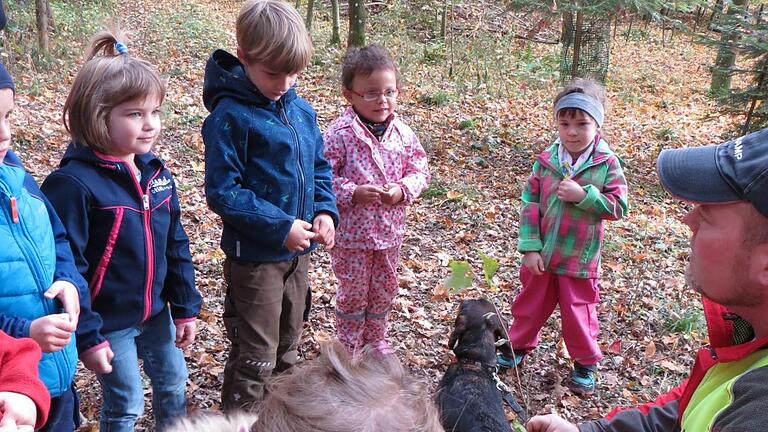 Forstwirtschaftsmeister Carsten Schmitt erklärt den Kindern Luisa (von links), Michel,  Emma, Samira, Emilia, wofür Haselnüsse unter anderem  ihre Verwendung finden. Foto: Dina Dauer       -  Forstwirtschaftsmeister Carsten Schmitt erklärt den Kindern Luisa (von links), Michel,  Emma, Samira, Emilia, wofür Haselnüsse unter anderem  ihre Verwendung finden. Foto: Dina Dauer