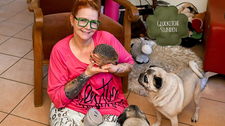 Tanja Heyn betont, wie wichtig der Schutz von Wildtieren sei. Auch ihre Hunde beobachten neugierig den Igel, den sie auf dem Arm hält.