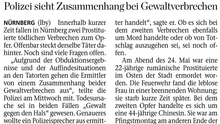 Zweit tote Huren, ein Täter - Zeitungsbericht vom 8.6.2017       -  Das abwertende Wort 'Hure' in dieser Überschrift ist vom folgenden Bericht nicht gedeckt. Aus Main-Post vom 8.6.2017